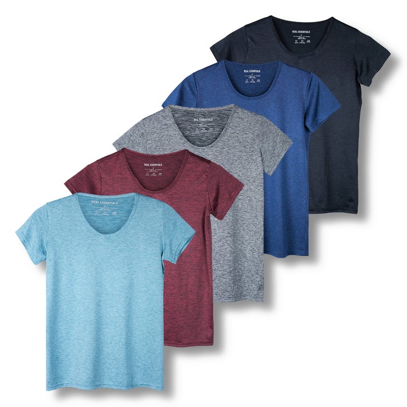 REALESSENTIALS Real Essentials 5 Pack: Women's Short Sleeve T-Shirts Workout Tops Fitness Pilates Gym Activewear Athletic (Plus Available), Set 8, L, Pack of 5 - Image 1