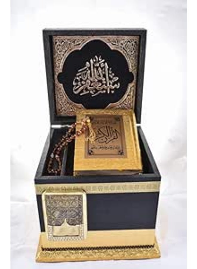 Luxury Islamic Gift Set - Holy Quran with Kaaba Design Wooden Box and Misbaha Prayer Beads - Black & Gold - Image 1