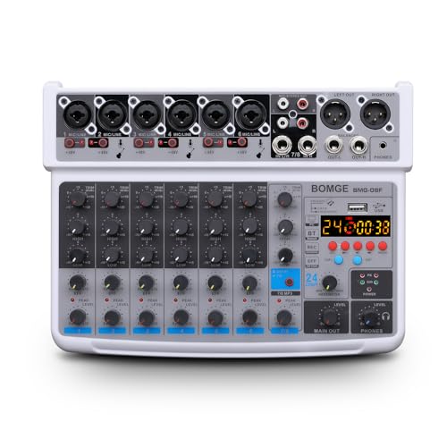 BOMGE 8 channel mini audio mixer Line MixerDC 5Vwith MP3 PlayerBluetooth U disk 48V24DSP effects USB recording Ideal for Small Clubs or Bars Studio Recording 8 channelsWHITE - Image 1