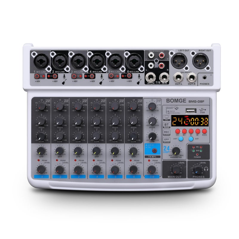 BOMGE 8 channel mini audio mixer Line MixerDC 5Vwith MP3 PlayerBluetooth U disk 48V24DSP effects USB recording Ideal for Small Clubs or Bars Studio Recording 8 channelsWHITE - Image 2