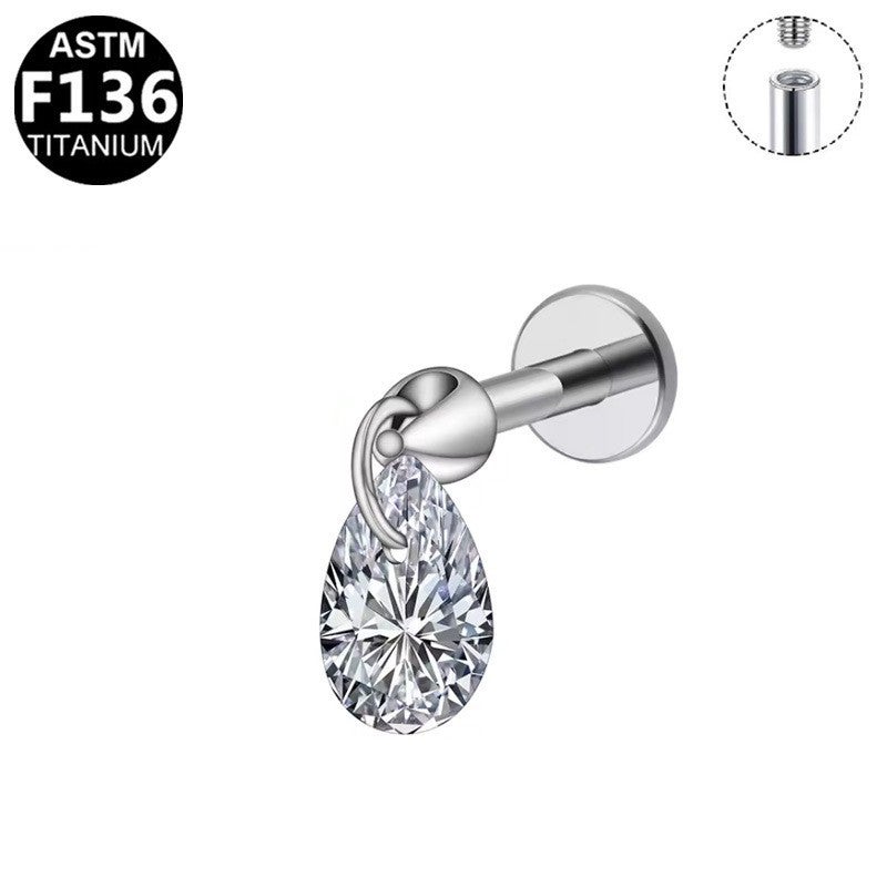 Gabe Titanium Alloy Water Drop Zircon Earnail White Zircon Lip Nail Inner Tooth Ear Bone Nail Internal Thread Puncture - Image 1