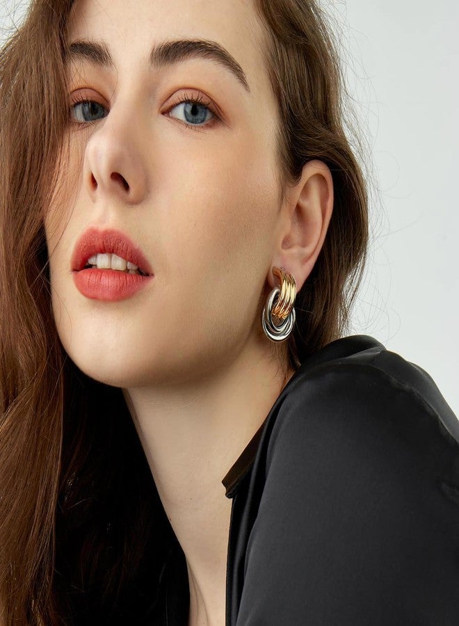 QJLE Gold Silver Plated Two Tone Drop Dangle Hoop Earrings, Gold Hoops, Huggie Earrings, Trendy Jewelry, Medium, Metal, No Gemstone - Image 2