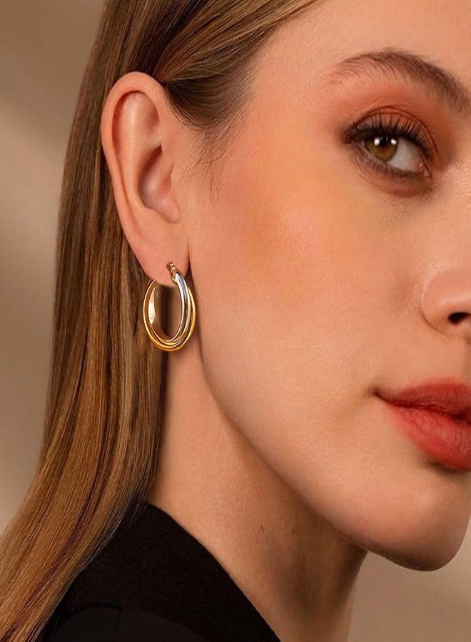 QJLE Gold Silver Plated Two Tone Drop Dangle Hoop Earrings, Gold Hoops, Huggie Earrings, Trendy Jewelry, Medium, Metal, No Gemstone - Image 3
