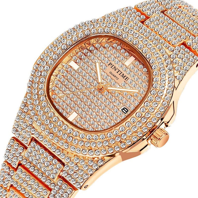 PINTIME Mens Diamond Watches Luxury Unisex Silver Gold Iced-Out Bling CZ Crystal Fashion Quartz Stainless Steel Women's Wristwatches - Image 2
