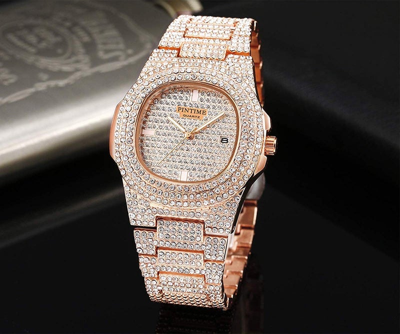 PINTIME Mens Diamond Watches Luxury Unisex Silver Gold Iced-Out Bling CZ Crystal Fashion Quartz Stainless Steel Women's Wristwatches - Image 4
