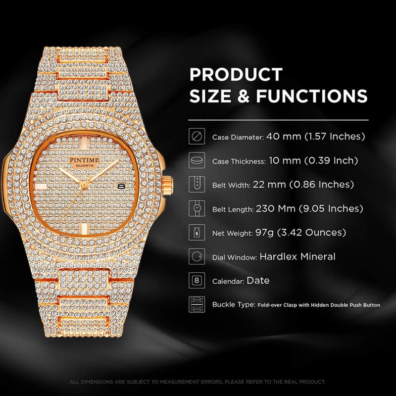 PINTIME Mens Diamond Watches Luxury Unisex Silver Gold Iced-Out Bling CZ Crystal Fashion Quartz Stainless Steel Women's Wristwatches - Image 5