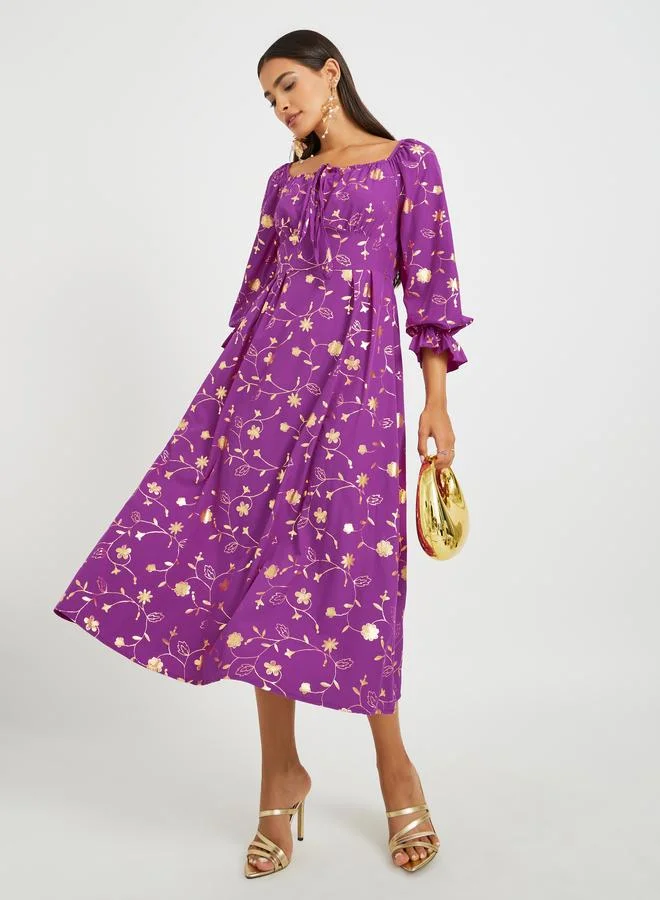تايك تو Take Two Floral Print Square Neck A-Line Midi Dress