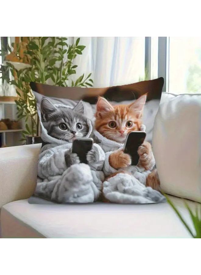 Playful Cat And Phone Call Print Pillow Cover 18x18in Vibrant Bohemian Style Short Plush Cushion Cover For Living Room Bedroom Decor Home And Photography Studio Use Zipper Closure Hand Wash Only Fits All Seasons - Image 1