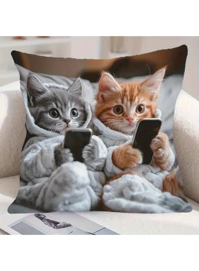 Playful Cat And Phone Call Print Pillow Cover 18x18in Vibrant Bohemian Style Short Plush Cushion Cover For Living Room Bedroom Decor Home And Photography Studio Use Zipper Closure Hand Wash Only Fits All Seasons - Image 2