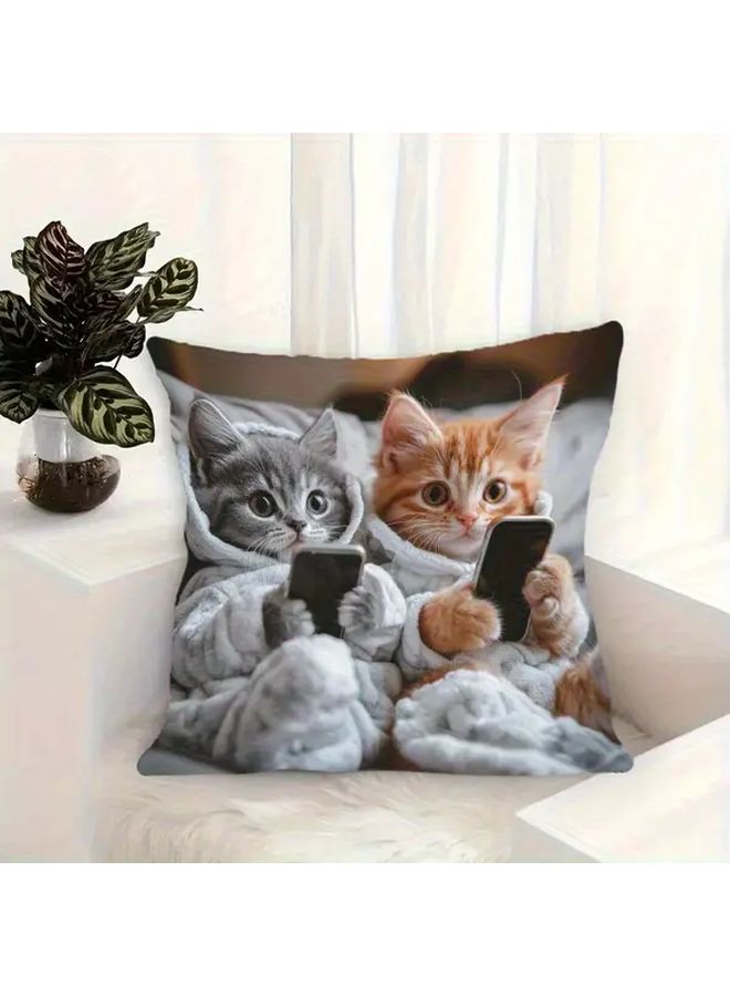 Playful Cat And Phone Call Print Pillow Cover 18x18in Vibrant Bohemian Style Short Plush Cushion Cover For Living Room Bedroom Decor Home And Photography Studio Use Zipper Closure Hand Wash Only Fits All Seasons - Image 3