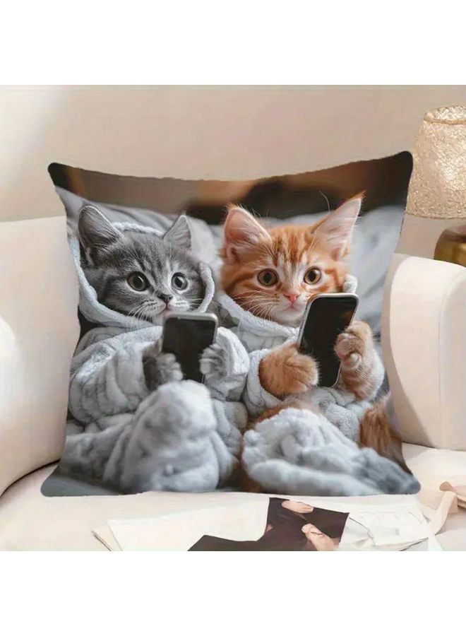 Playful Cat And Phone Call Print Pillow Cover 18x18in Vibrant Bohemian Style Short Plush Cushion Cover For Living Room Bedroom Decor Home And Photography Studio Use Zipper Closure Hand Wash Only Fits All Seasons - Image 4