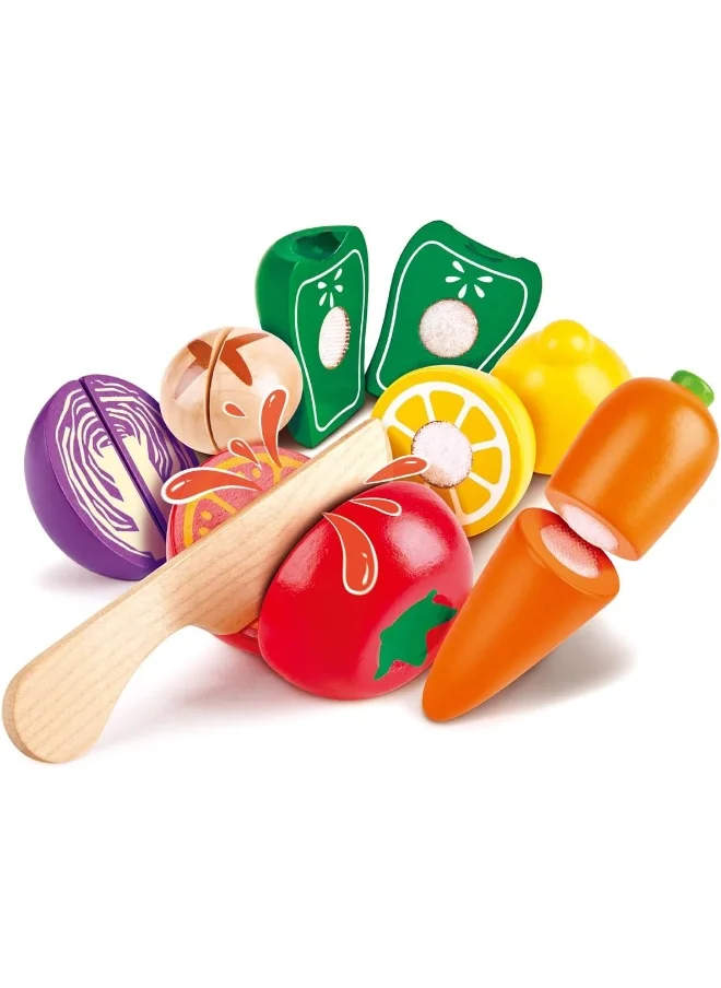 Hape Farm Shop Vegetables Wooden Playset, 7 Pcs | Slicing Toy Vegetables Set For Kids | Red Cabbage, Carrot, Tomato, Lemon, Green Pepper, Mushroom | Educational Pretend Play | Ages 3+