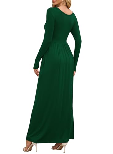 DEARCASE Maxi Dress for Women Dark Green Medium Crewneck Long Sleeves Wedding Guest A-line Plain Casual Empire Waist Flowy Party Vintage Spring Fall Winter Floor Dresses with Pocket - Image 2