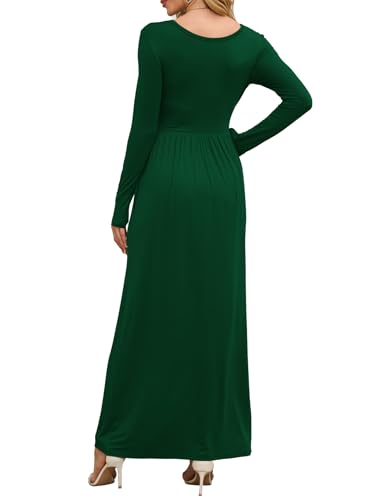 DEARCASE Maxi Dress for Women Dark Green Medium Crewneck Long Sleeves Wedding Guest A-line Plain Casual Empire Waist Flowy Party Vintage Spring Fall Winter Floor Dresses with Pocket - Image 3