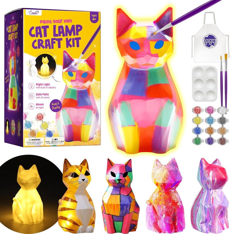 ONE TO FOUR Paint Your Own Cat Lamp Kit, DIY Kit Arts and Crafts for Kids 4-6, Creative Painting Kit, Coloring Cat Toys Birthday Gift for Girls and Boys Ages 3 4 5 6 7 8 9 10 11 12+ - Image 1
