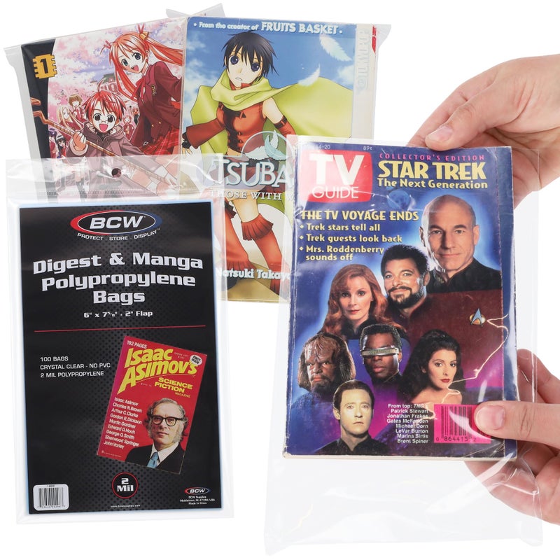 BCW Digest & Manga Polypropylene Bags â€“ 100 Pack | Clear Acid-Free Manga Protector Sleeves | Archival-Safe Book Storage Bags for Manga, Digest Books & Small Magazines - Image 1