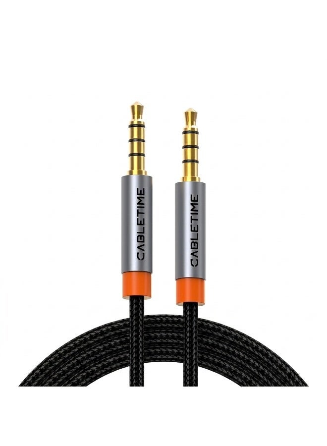 كابل تايم CABLETIME كابل AUX ‏3.5 مم ستيريو من جاك إلى جاك لكابل صوت مضفّر مع دعم الميكروفون بطول 2 متر لمكبرات الصوت، وستيريو السيارة، وسماعات الرأس، ومشغل MP3، والهاتف، والجهاز اللوحي - Image 1