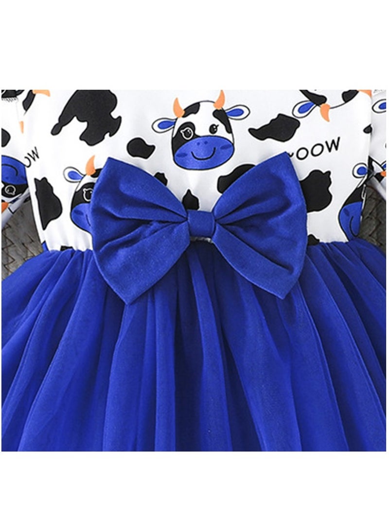 Baby Girl Birthday Party Dress, 6-9 Months, Cartoon Cow Print Top with Blue Tulle Skirt and Big Bow, Special Occasion and Casual Toddler Outfit, Cute Long Sleeve Infant Dress - Image 3