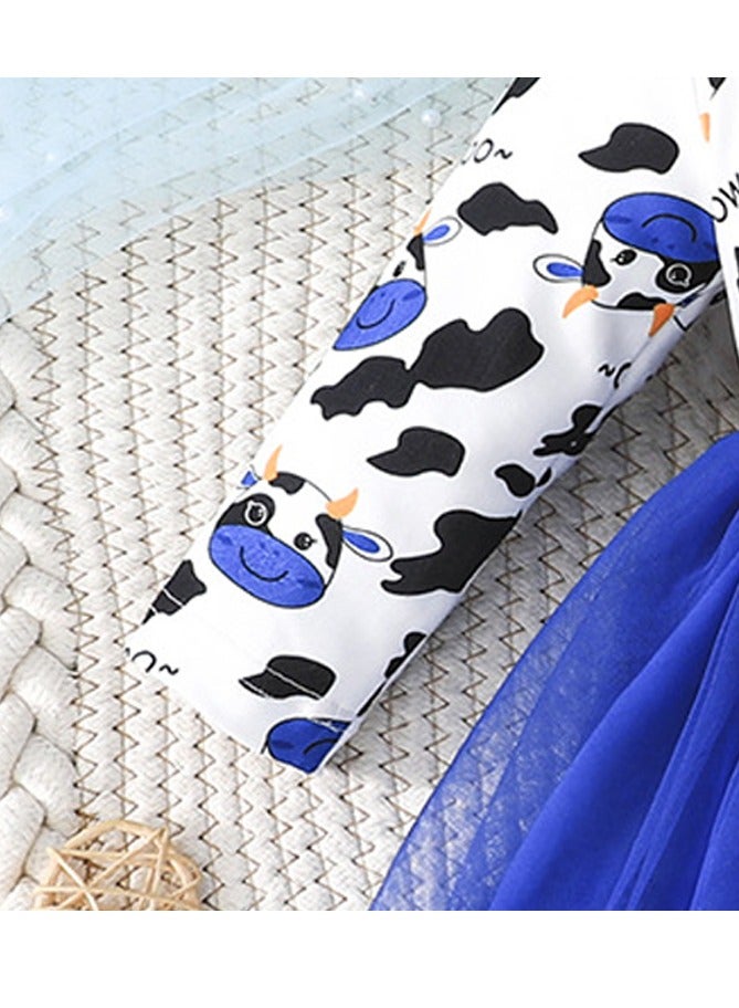 Baby Girl Birthday Party Dress, 6-9 Months, Cartoon Cow Print Top with Blue Tulle Skirt and Big Bow, Special Occasion and Casual Toddler Outfit, Cute Long Sleeve Infant Dress - Image 5