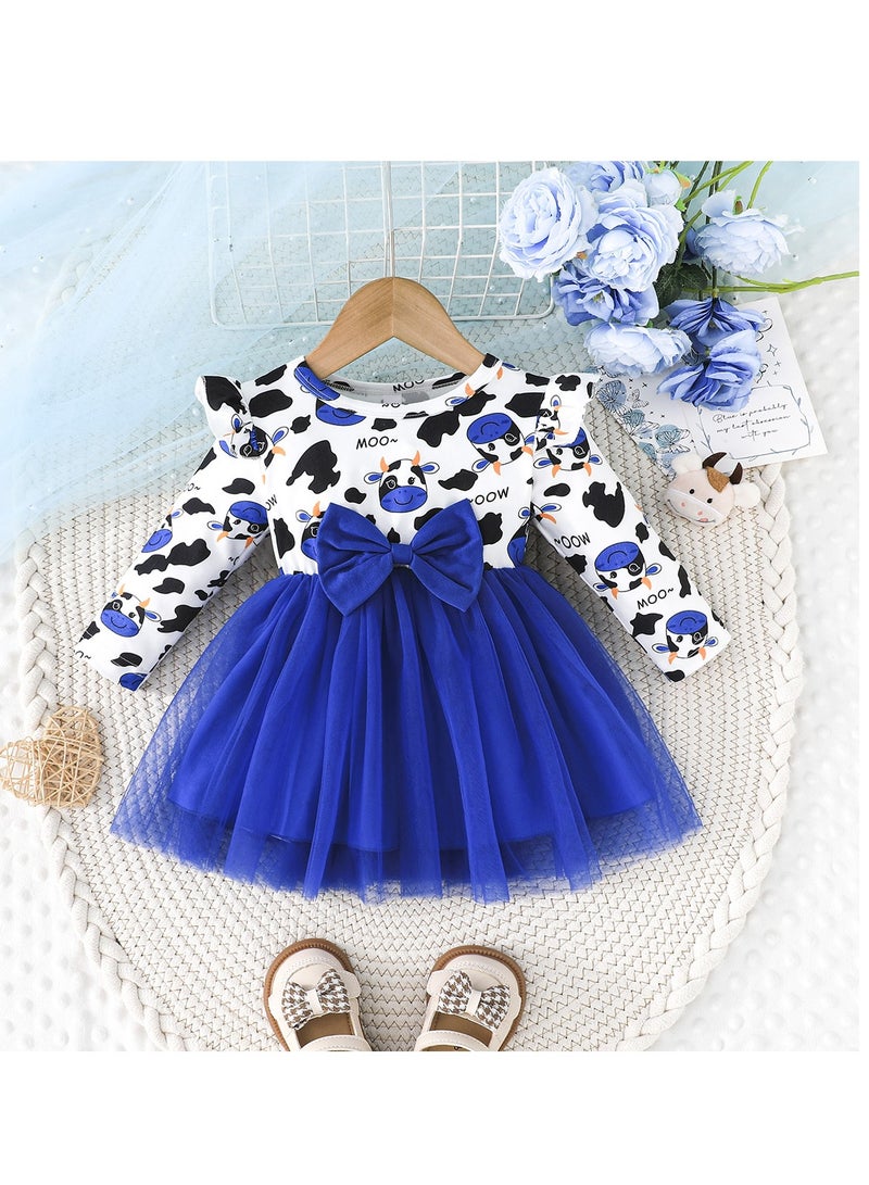 Baby Girl Birthday Party Dress, 6-9 Months, Cartoon Cow Print Top with Blue Tulle Skirt and Big Bow, Special Occasion and Casual Toddler Outfit, Cute Long Sleeve Infant Dress - Image 1