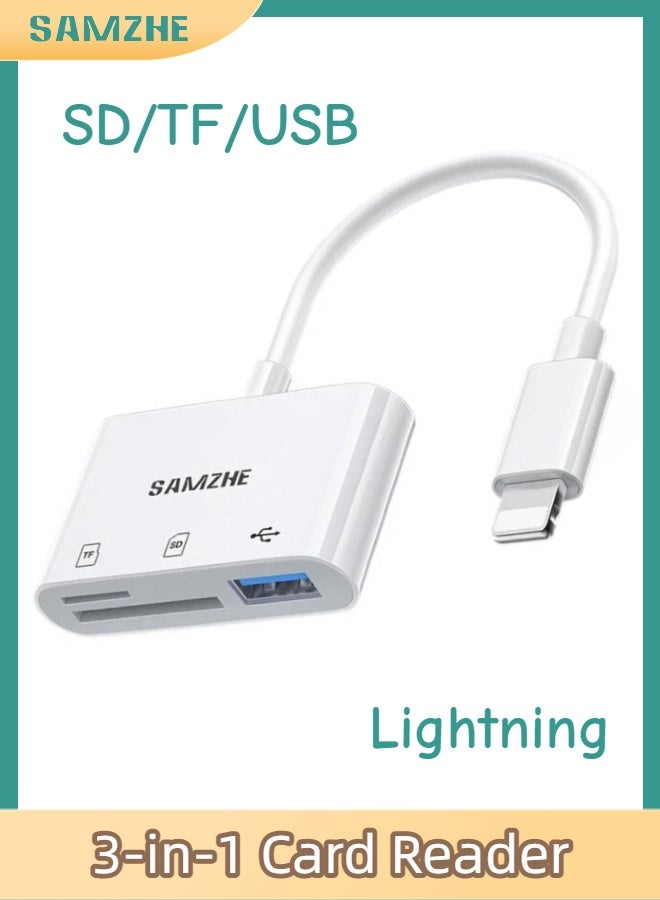 SAMZHE قارئ بطاقات Lightning 3 في 1، محول SD/TF/USB OTG، معتمد من MFi، يدعم القراءة والكتابة، متوافق مع iPhone 14/13/12/11/Pro/Pro Max - Image 1