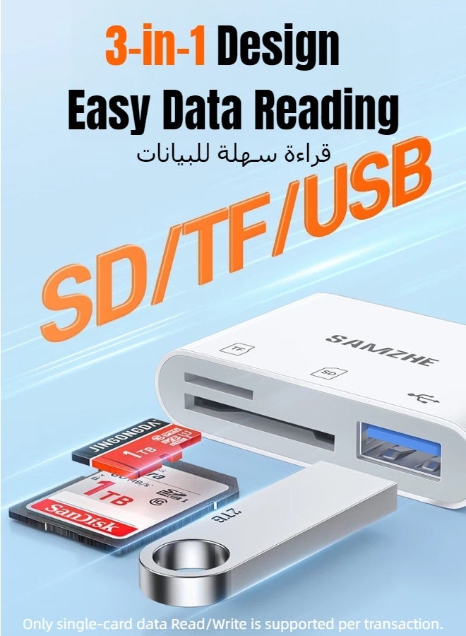 SAMZHE قارئ بطاقات Lightning 3 في 1، محول SD/TF/USB OTG، معتمد من MFi، يدعم القراءة والكتابة، متوافق مع iPhone 14/13/12/11/Pro/Pro Max - Image 3