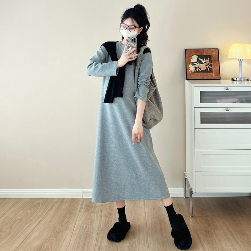 Internet Celebrant Fashionable Age-reducing Maternity Clothes Thickened Pregnant Womens Sweater Knitted Pregnant Womens dress New Pregnant Womens Base Skirt Gray dress and shawl 
