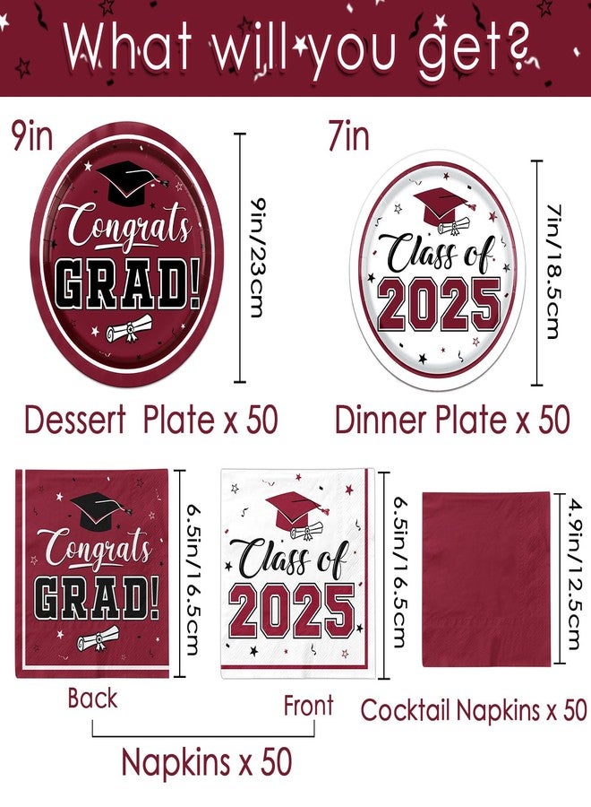 Peghoqu Graduation Plates and Napkins Maroon Class of 2025 Grad Congrats Party Supplies Disposable Dessert Paper Plates Cocktail Napkins for Graduation Party Decorations,Serve 50 - Image 3