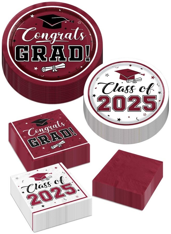 Peghoqu Graduation Plates and Napkins Maroon Class of 2025 Grad Congrats Party Supplies Disposable Dessert Paper Plates Cocktail Napkins for Graduation Party Decorations,Serve 50 - Image 2