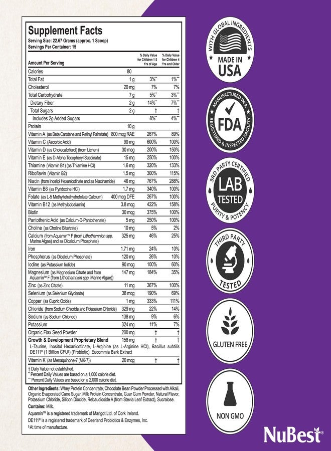 NuBest Tall Protein Powder for Kids & Teens - Whey Protein Powder - Chocolate Protein Powder Shake with Probiotics, Omega 3-6-9, Vitamin D3 + K2, Calcium, Vitamin - 15 Servings | 2 Week Supply - Image 5
