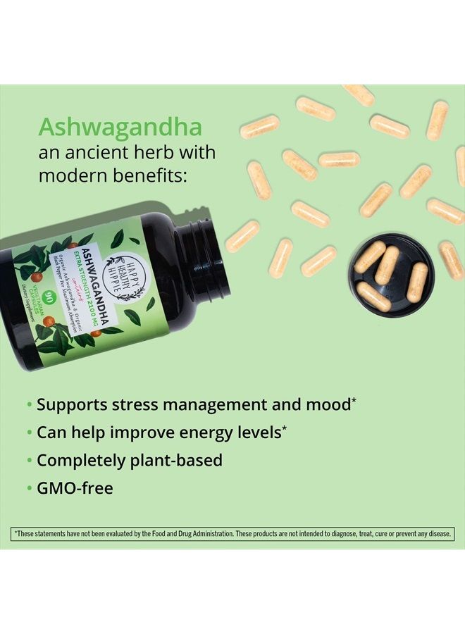 HAPPY HEALTHY HIPPIE Organic Ashwagandha Capsules 2100mg – Stress Relief Supplement - Extra Strength - 100% Herbal, Organic Ashwagandha Root Powder Extract w/ Black Pepper - Energy, Mood & Cortisol Manager - Vegan, 90 Ct​ - Image 2