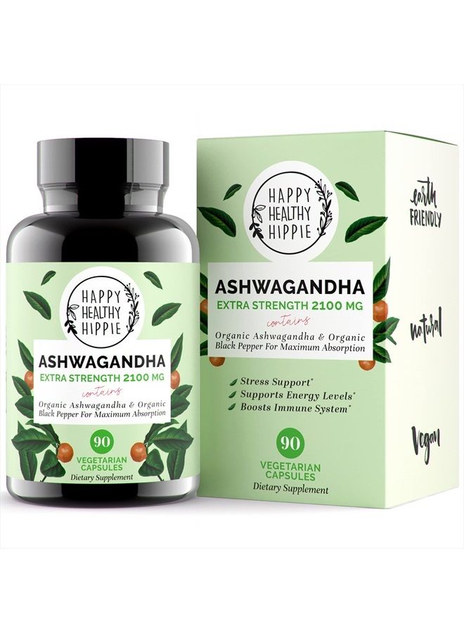 HAPPY HEALTHY HIPPIE Organic Ashwagandha Capsules 2100mg – Stress Relief Supplement - Extra Strength - 100% Herbal, Organic Ashwagandha Root Powder Extract w/ Black Pepper - Energy, Mood & Cortisol Manager - Vegan, 90 Ct​ - Image 1