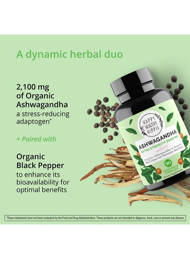 HAPPY HEALTHY HIPPIE Organic Ashwagandha Capsules 2100mg – Stress Relief Supplement - Extra Strength - 100% Herbal, Organic Ashwagandha Root Powder Extract w/ Black Pepper - Energy, Mood & Cortisol Manager - Vegan, 90 Ct​ - Image 4