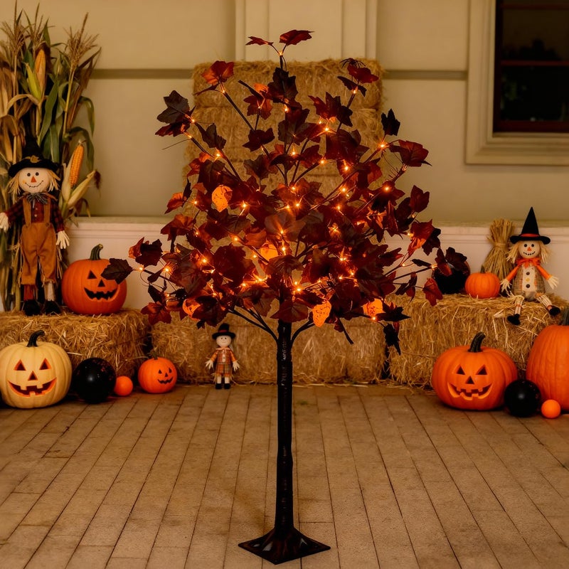 TYBEEU 4ft Black Maple Halloween Tree with LED Skull Lights & Spiders - Indoor/Outdoor Waterproof Decor - 96 Bulbs, Dimmable Timer, 16ft Cord - Image 1