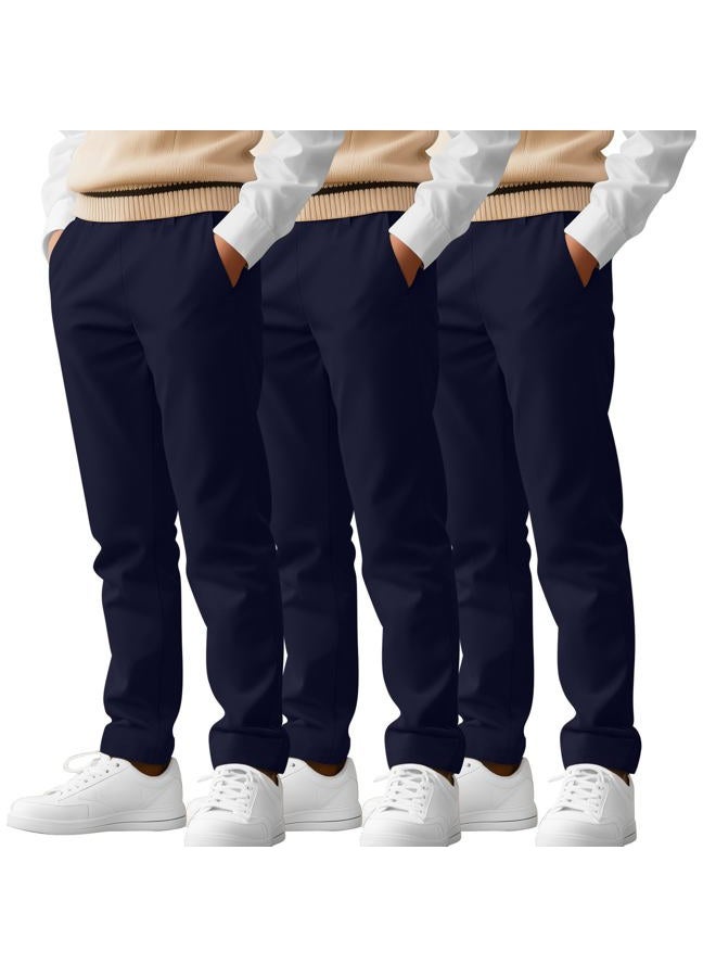 LessonZoo 3 Pack Boys' School Uniform Pants Elastic Waist Stretch Youth Trousers Straight Fit for Kids Years 6-14, Navy Blue, Navy Blue, Navy Blue, 8-9 Years - Image 1