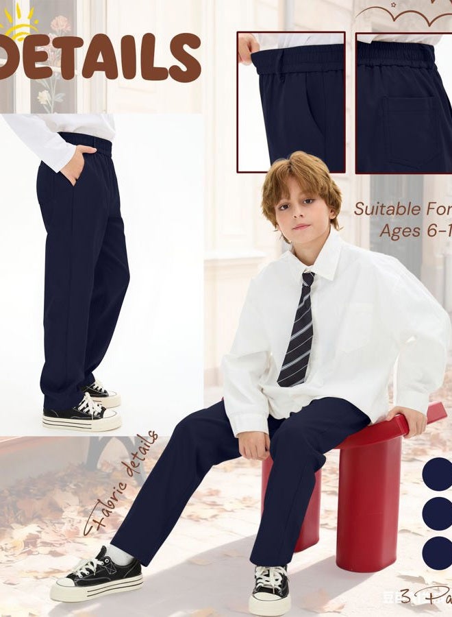 LessonZoo 3 Pack Boys' School Uniform Pants Elastic Waist Stretch Youth Trousers Straight Fit for Kids Years 6-14, Navy Blue, Navy Blue, Navy Blue, 8-9 Years - Image 2