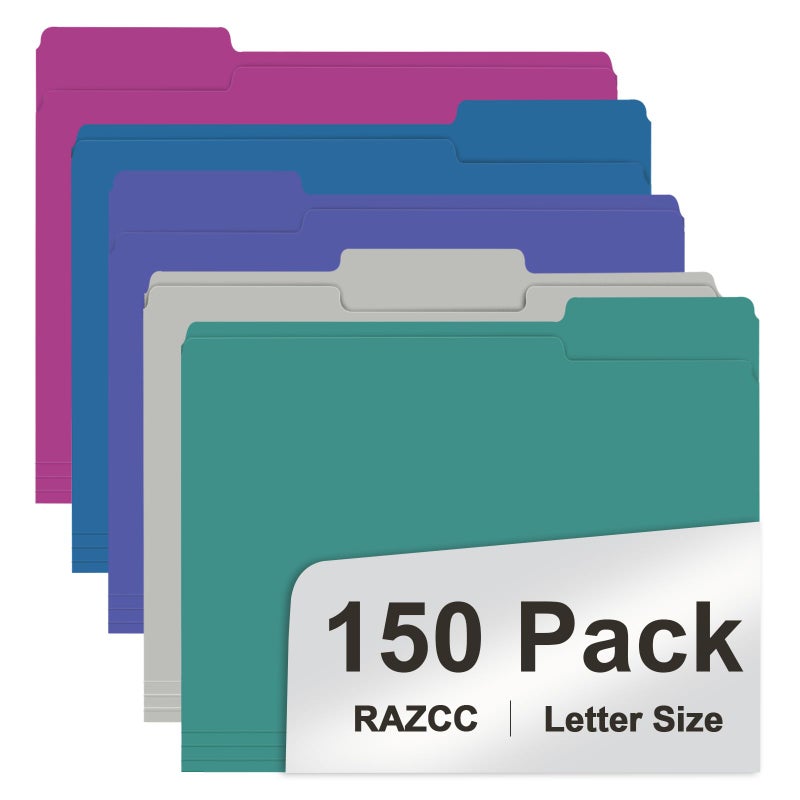 RAZCC File Folder, 150 Pack 1/3 Cut Tab File Folders Letter Size, Colored File Folders for Office Classroom Use, Colored Folders with Tabs, Assorted 5 Colors - Image 1