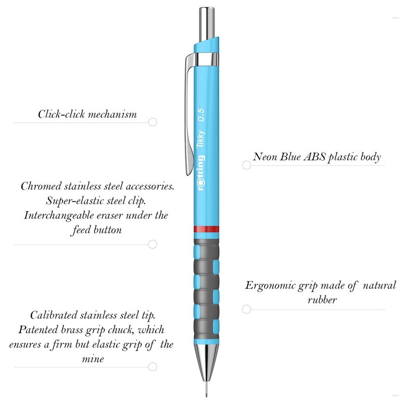 Rotring Rotring 0.5mm Mechanical Clutch Lead Pencil | Tikky | for Smooth Writing Drafting Drawing | Neon Blue Barrel | Stationery  - Image 2