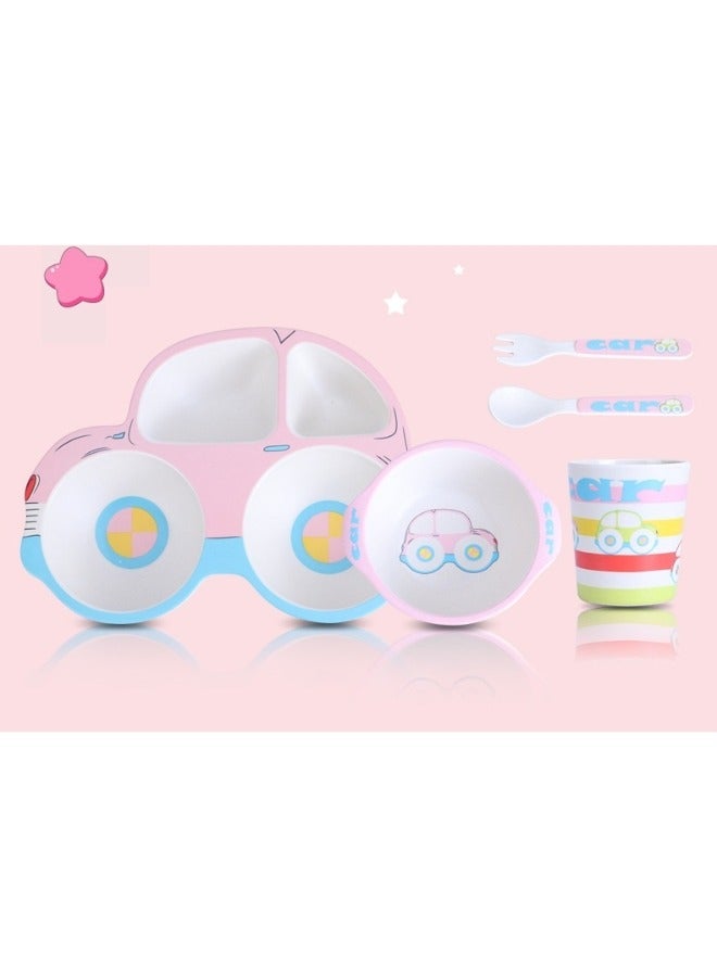5PCS Bamboo Kids Dinnerware Set Children Dishes Food Plate Bowl Cup Spoon Fork Set Cartoon Tableware Dishwasher Safe Kids Healthy Mealtime, BPA Free - Image 2