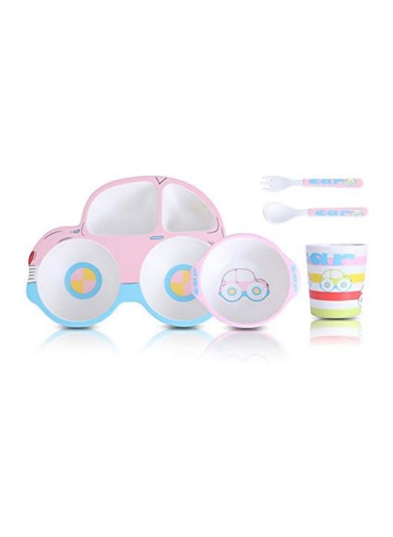 5PCS Bamboo Kids Dinnerware Set Children Dishes Food Plate Bowl Cup Spoon Fork Set Cartoon Tableware Dishwasher Safe Kids Healthy Mealtime, BPA Free - Image 1