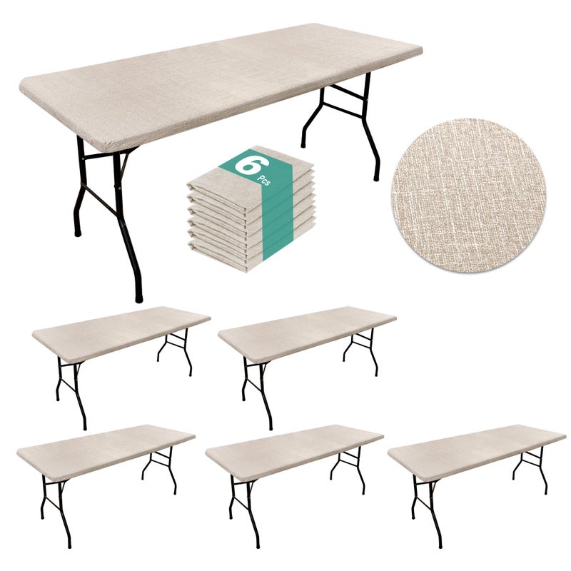 LUSHVIDA 6 Packs Vinyl Tablecloths with Flannel Backing for 8ft Rectangle Folding Table Cloths - Waterproof Plastic Picnic Table Covers with Elastic Corners, 30x96 inch, Natural Color - Image 1