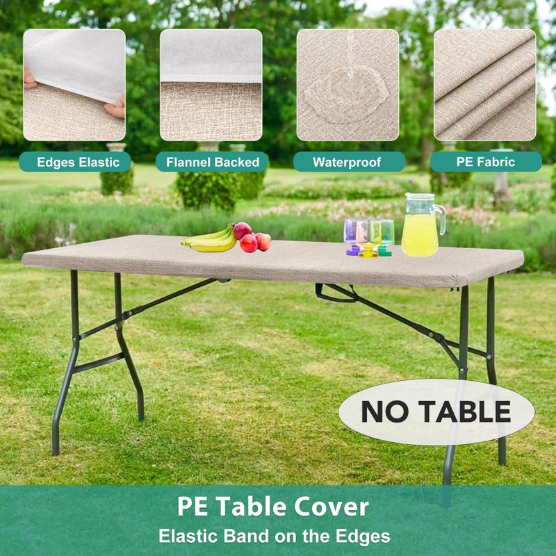 LUSHVIDA 6 Packs Vinyl Tablecloths with Flannel Backing for 8ft Rectangle Folding Table Cloths - Waterproof Plastic Picnic Table Covers with Elastic Corners, 30x96 inch, Natural Color - Image 4