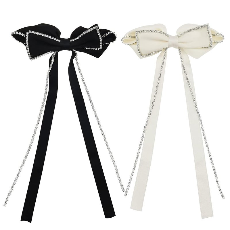 DonLeeving 2 PACK Hair Bows Sparkly Rhinestone Tassel Hair Clips Barrettes Bowknot with Long Brocade Tassel Ribbon Claw Hair Accessories for Women and Girls Black and White
