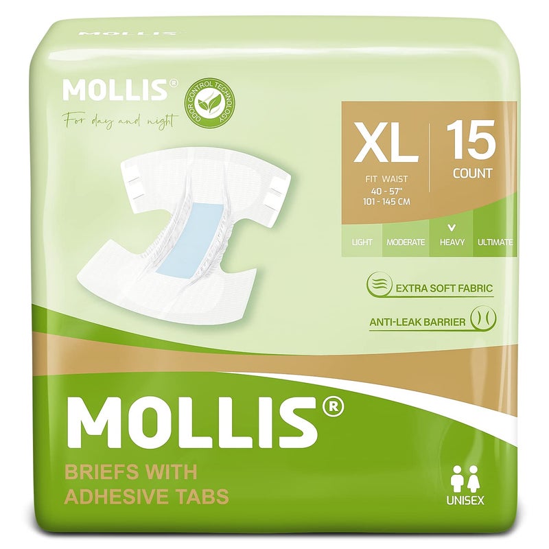 MOLLIS Adult Diapers for Women and Men, Unisex Disposable Incontinence Briefs with Tabs, Odor Control, XLarge, 15 Count - Image 1