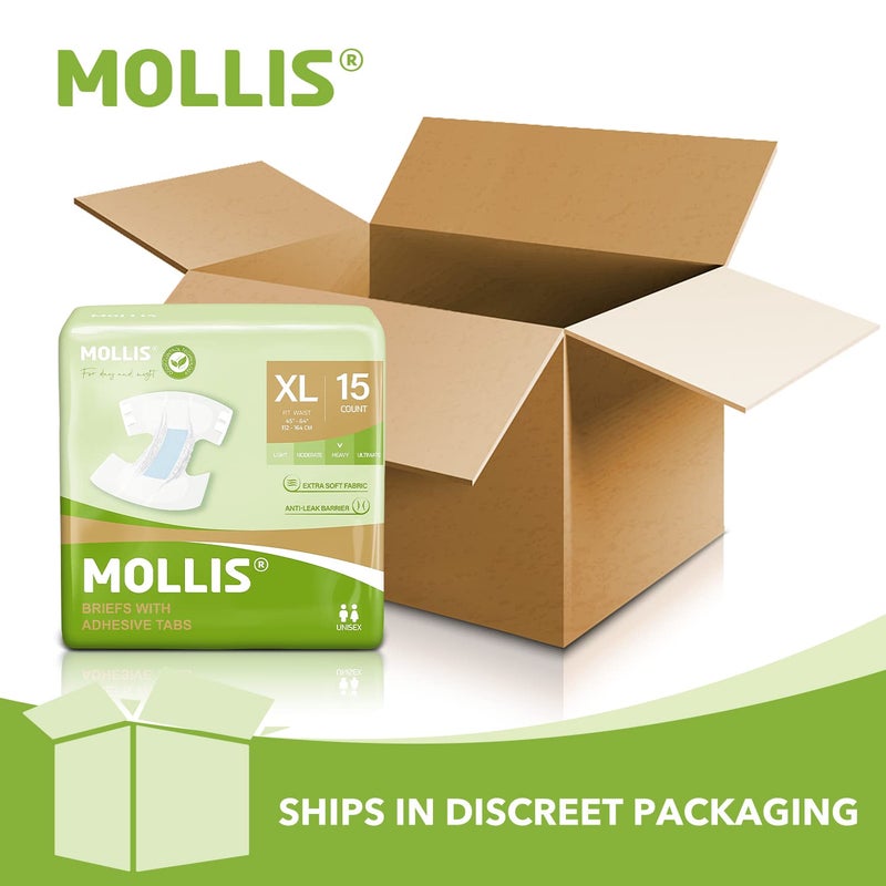 MOLLIS Adult Diapers for Women and Men, Unisex Disposable Incontinence Briefs with Tabs, Odor Control, XLarge, 15 Count - Image 3