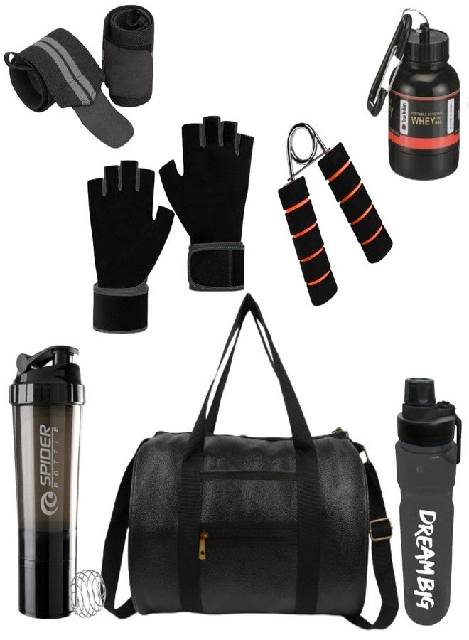 Gym Bag Combo for Men ll Gym Bag with Shoe Compartment and, Black Bottle, Black Gloves, Black Wrist Band ll Gym kit for Men and Women ll Gym Bag & Fitness Kit & Gym Bag Combo (Black)