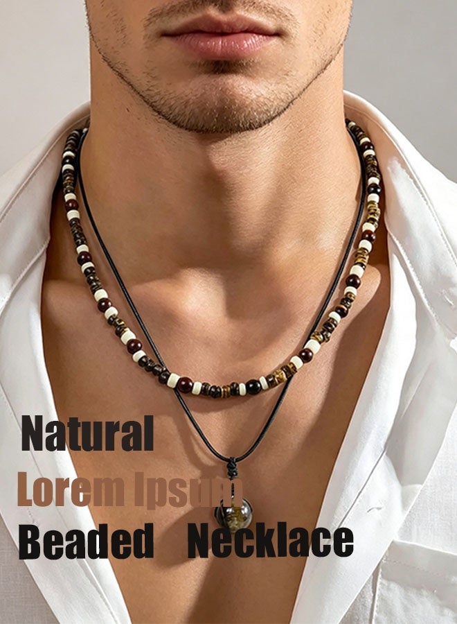 Happy D Elegant Tiger Eye and Turquoise Coconut Shell Beaded Necklace Set Adjustable Rope Handcrafted with Natural Stone Beads Perfect for Men Stylish Accessory - Image 1