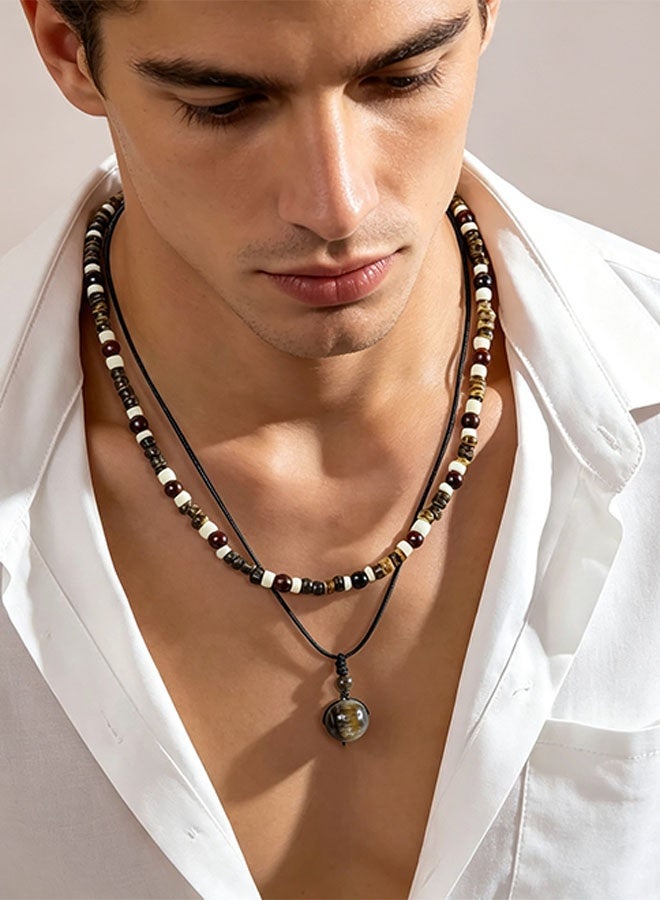 Happy D Elegant Tiger Eye and Turquoise Coconut Shell Beaded Necklace Set Adjustable Rope Handcrafted with Natural Stone Beads Perfect for Men Stylish Accessory - Image 5