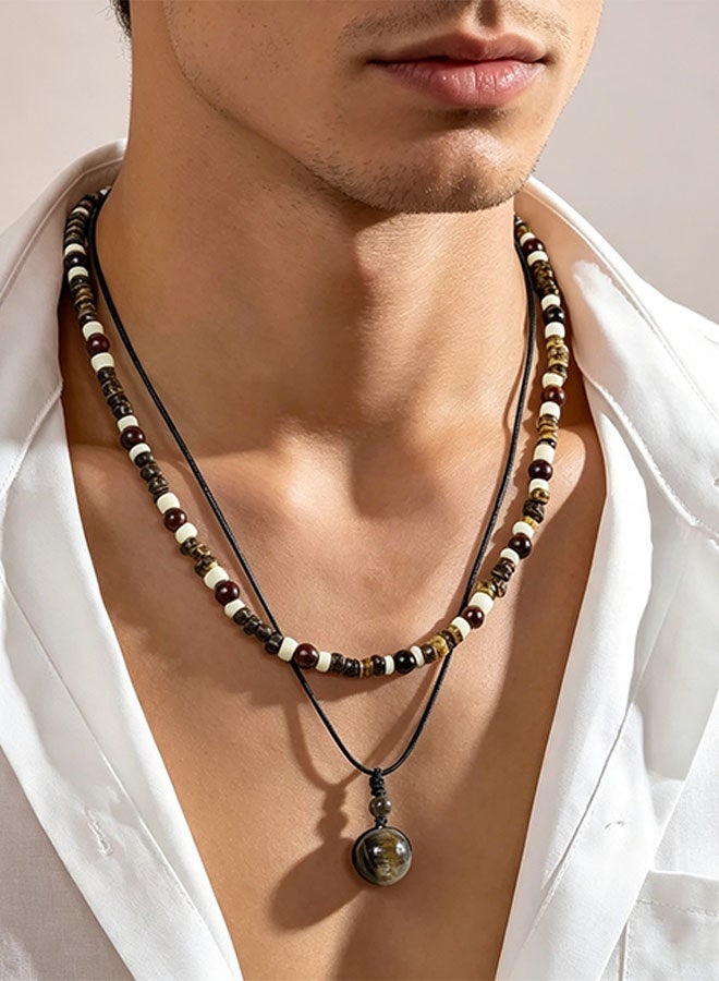 Happy D Elegant Tiger Eye and Turquoise Coconut Shell Beaded Necklace Set Adjustable Rope Handcrafted with Natural Stone Beads Perfect for Men Stylish Accessory - Image 4