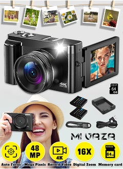 Mi VAZA 4K Digital Camera for Photography - Autofocus 48MP Vlogging Camera - 180 Degree Flip Screen - 16X Digital Zoom - 4K Record Video - 64GB SD Card - 2 Batteries and Battery Charger  - Image 1